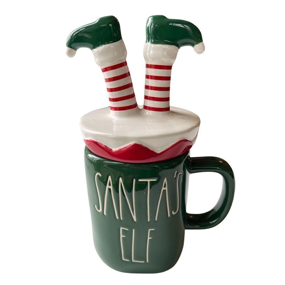 Rae Dunn Christmas SANTA'S ELF Mug with Figural Topper Lid Green Ceramic NIP